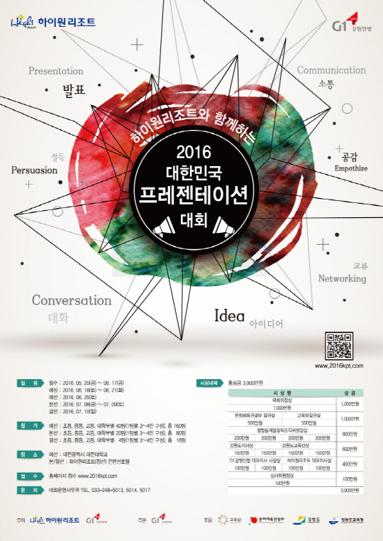 커뮤니케이션의 핵심인 프레젠테이션을 통해 설득·소통하는 기술을 배양하기 위한 '2016 대한민국 프레젠테이션 대회'가 열린다.G1강원민방(사장 조남현)과 하이원리조트가 공동 주최하고 교육부·문화체육관광부·강원도·강원도교육청이 후원하는 이번 대회는 17일까지 참가자를 모집하며 25일 예선을 거쳐 7월 10일 강원도 정선 하이원 컨벤션호텔에서 최종 결선을 갖는다.